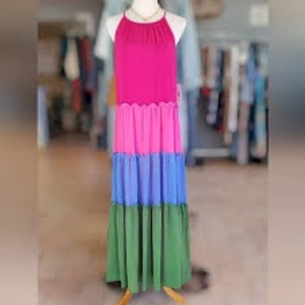 Chico's 1P Maxi Dress Color Block Ruffle Halter Sleeveless Party‎ Dress Petite M - Picture 3 of 16
